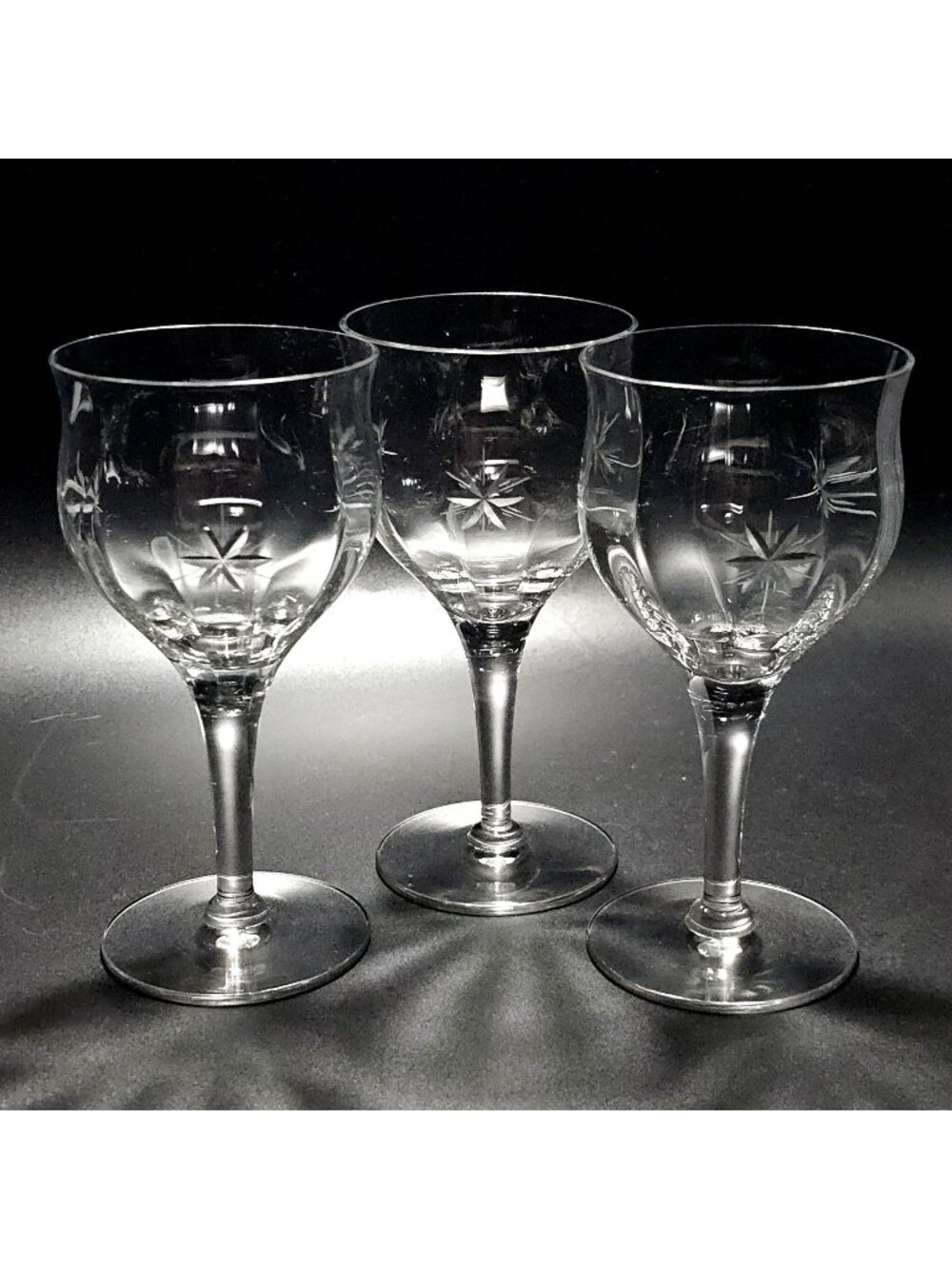 3 Vintage Starburst Goblets 6.5" etched water glasses cut glass six point star